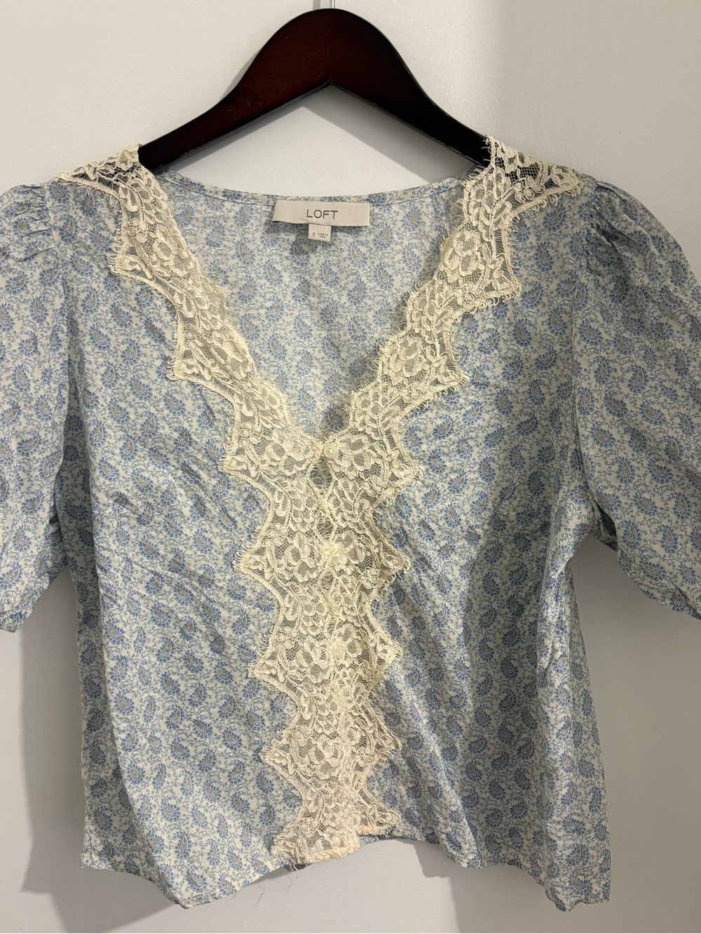 LOFT Light Blue Floral V-Neck Blouse with Cream Lace Trim